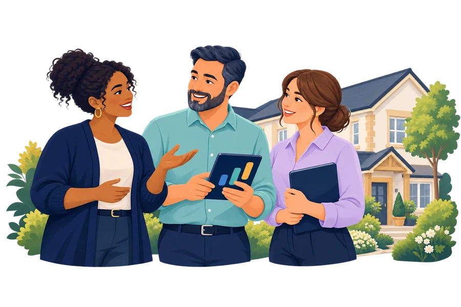 Illustration of three care professionals working together outside a residential home